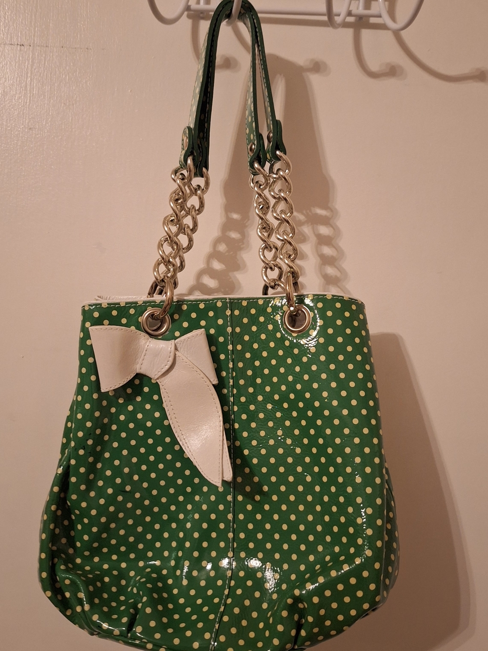 Green Polka Dot Shoulder Bag with Cream Bow Accent